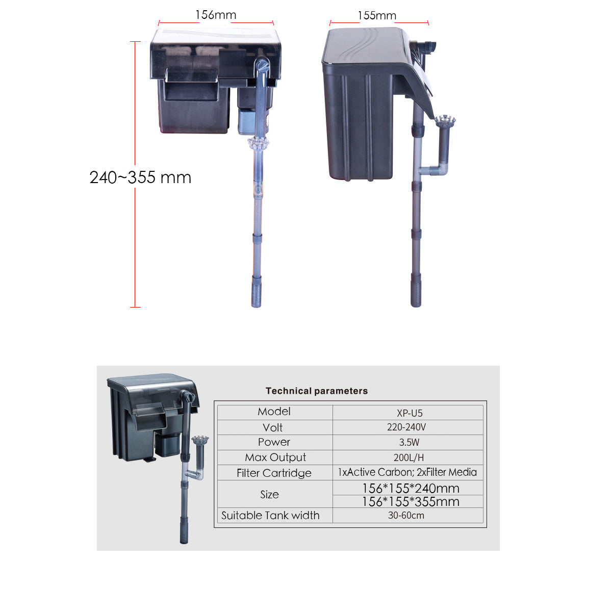 Hang on Aquarium Filter with Activated Carbon Cartridge