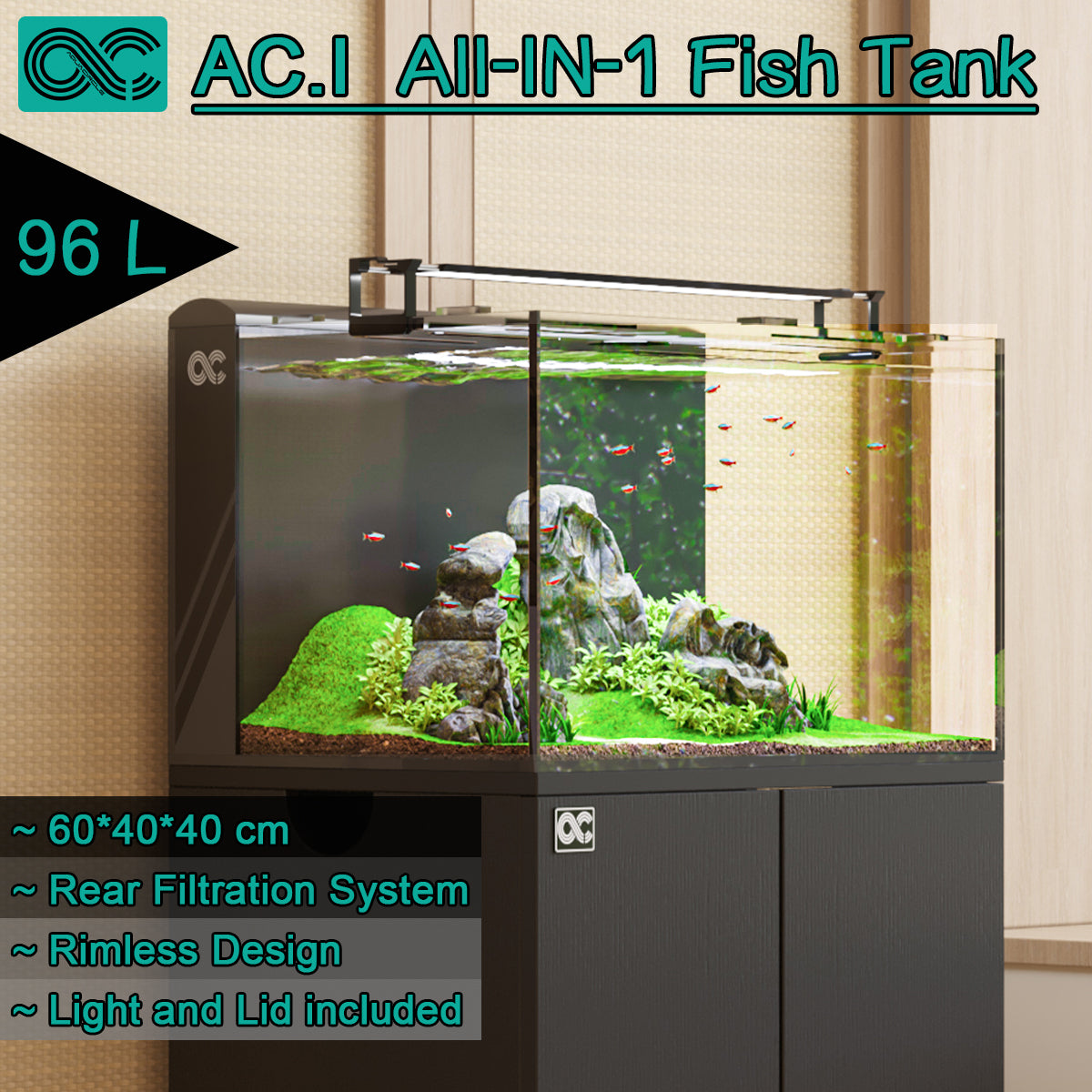 KYOTO-60 Complete set of Aquarium with Rear Filtration System