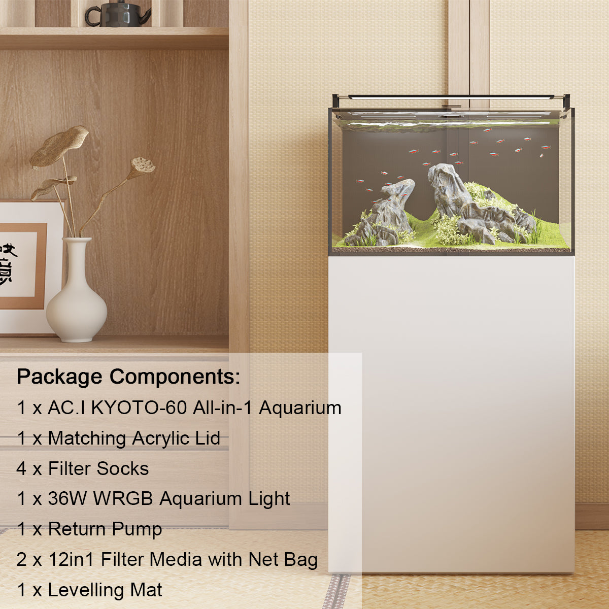 KYOTO-60 Complete set of Aquarium with Rear Filtration System